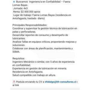 Ingeniero/a en Confiabilidad - Faena Lomas Bayas