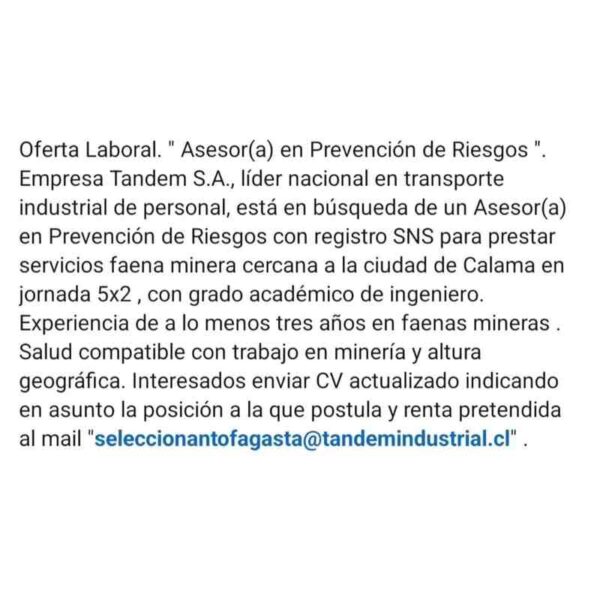 Asesor(a) en Prevencion de Riesgos