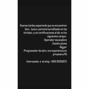 Busco personal acreditado para obras: operador excavadora, camión pluma, rigger y programador de obra (Primavera P6)