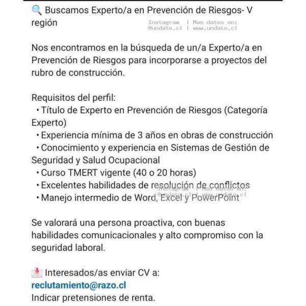 Experto/a en Prevención de Riesgos - Construcción
